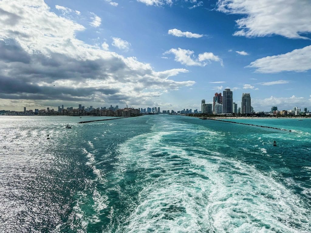 Cruise ship wake extends across the water, with a cityscape in the background.