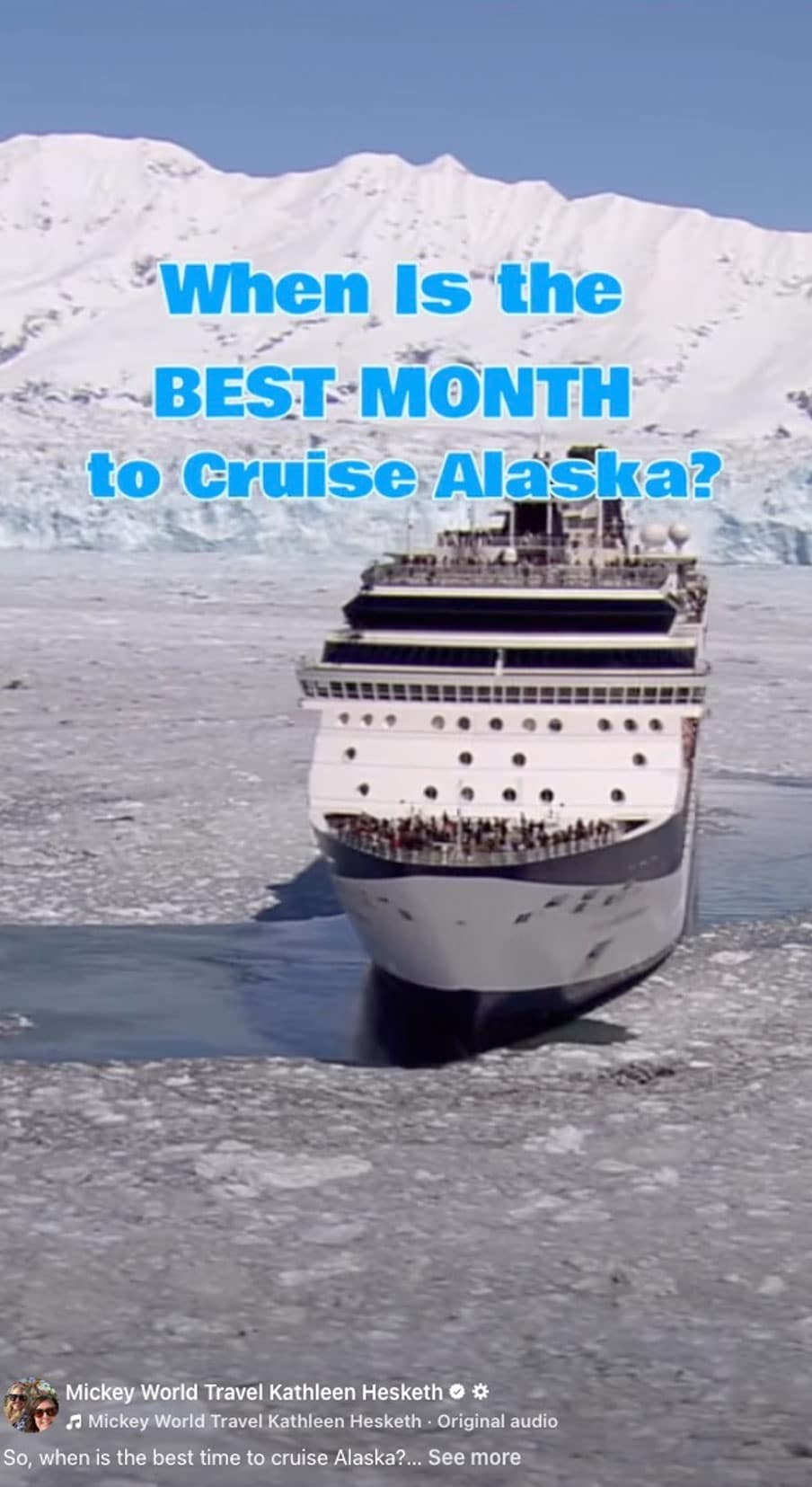 cruise ship sailing in icy waters in front of a glacier in Alaska