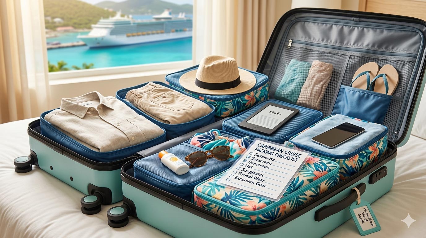 suitcase lies open on the bed, filled with Cruise packing essentials