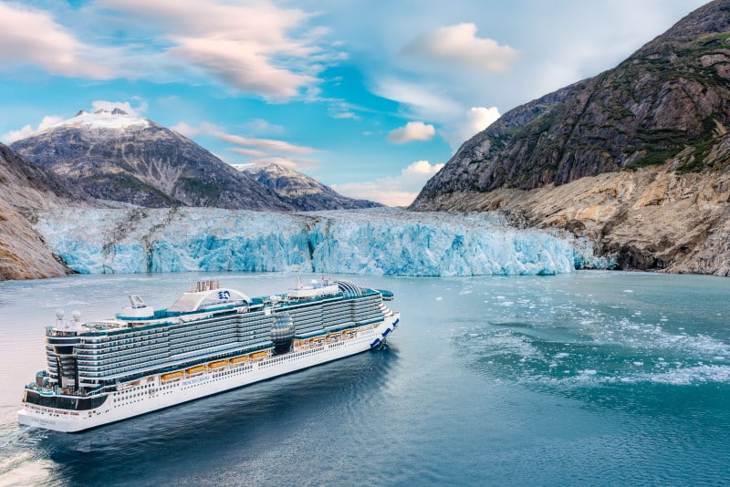 Princess cruise ship sails by Glacier Bay National Parks on an Alaska glacier cruise.